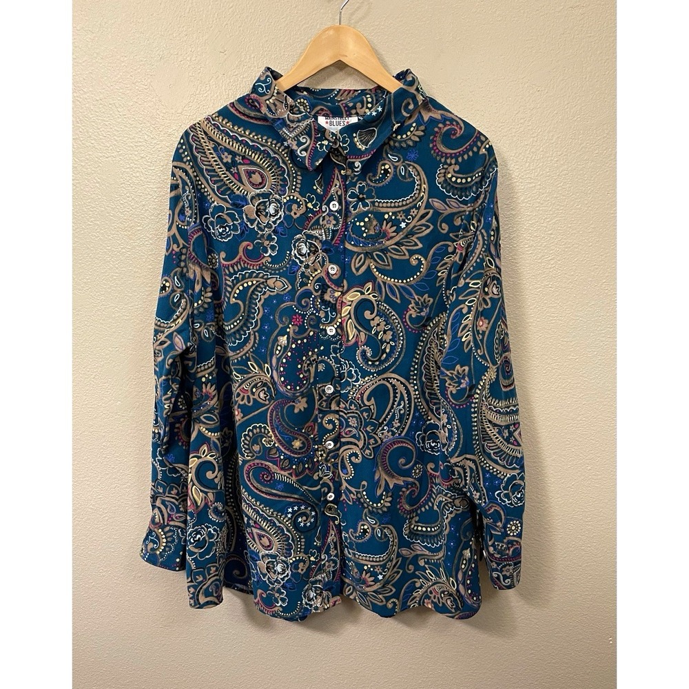 VTG Mainstreet Blues Velour Paisley Button Top Shacket Teal Whimsygoth Size 2X